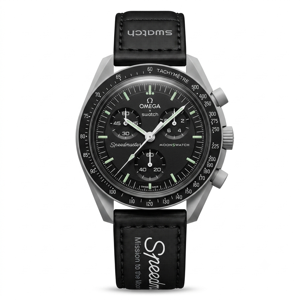 A Swatch x Omega x Speedmaster MoonSwatch chronograph watch with a black dial, black strap, and a silver-toned titanium case, shown against a plain white background.