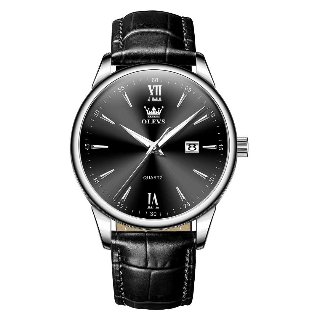 A classic analog quartz watch with a black dial, silver-tone stainless steel case, and a black leather strap with an alligator pattern, shown against a plain white background.