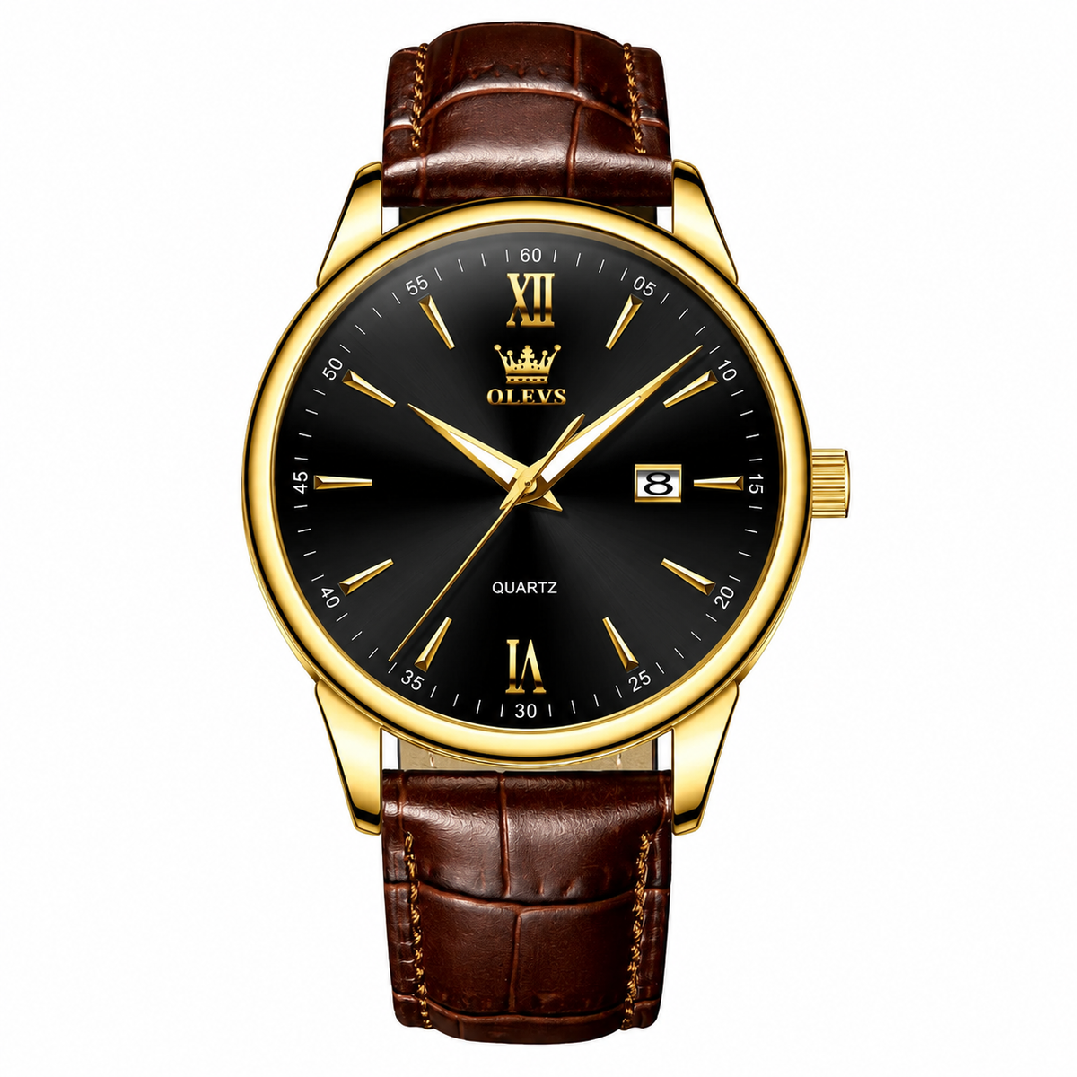 A luxury wristwatch featuring a gold-tone case, a black dial with gold-tone hands and markers, and a brown leather strap with an alligator pattern.