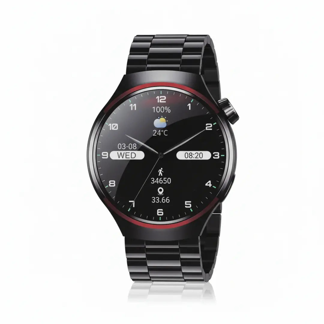 A black smartwatch with a glossy black metal link band, featuring a black round face with white digital text and a thin red accent ring around the bezel.