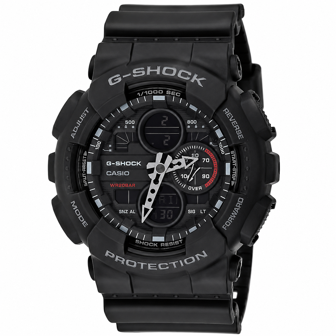 A black Casio G-Shock analog-digital watch with a rugged resin case and strap, featuring a black dial with white markings, silver hands, and a small red accent.
