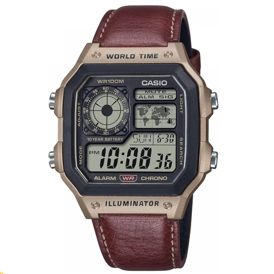 Casio digital watch with brown leather strap