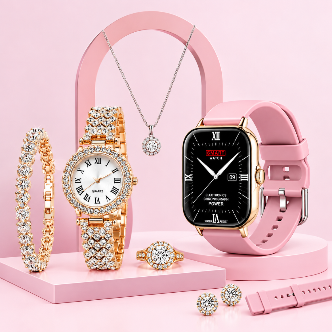A coordinated jewelry and watch display on pink pedestals: a pink smartwatch with a black screen, a gold-tone watch with a white dial and crystal-encrusted band, a pink bracelet, a ring, earrings, and a necklace, all arranged against a soft pink background.