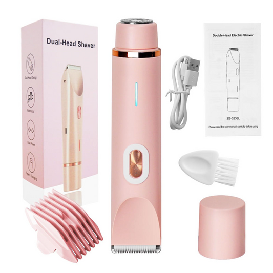 Pink dual-head electric shaver with packaging, comb, and cable on a white background