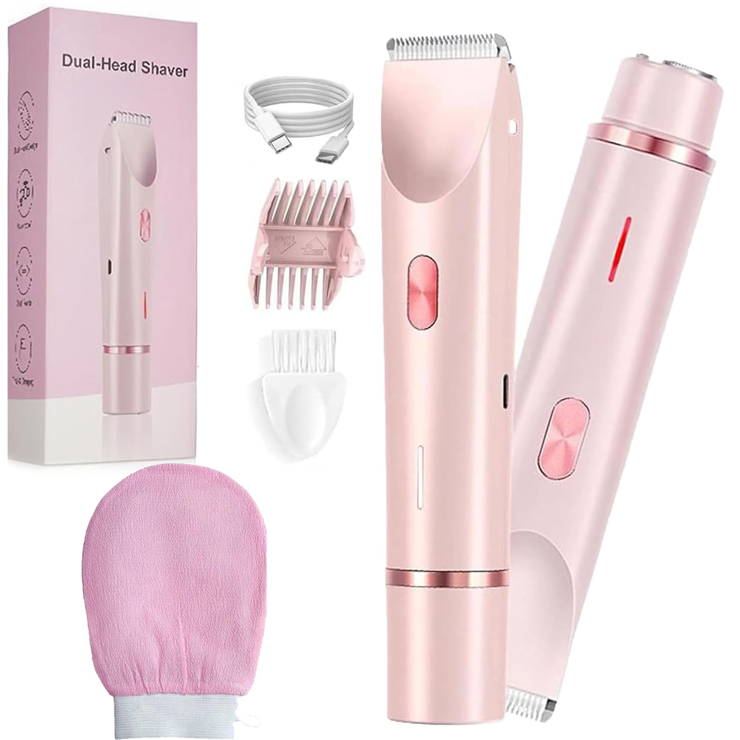 Pink dual-head shaver set with packaging and accessories on a white background