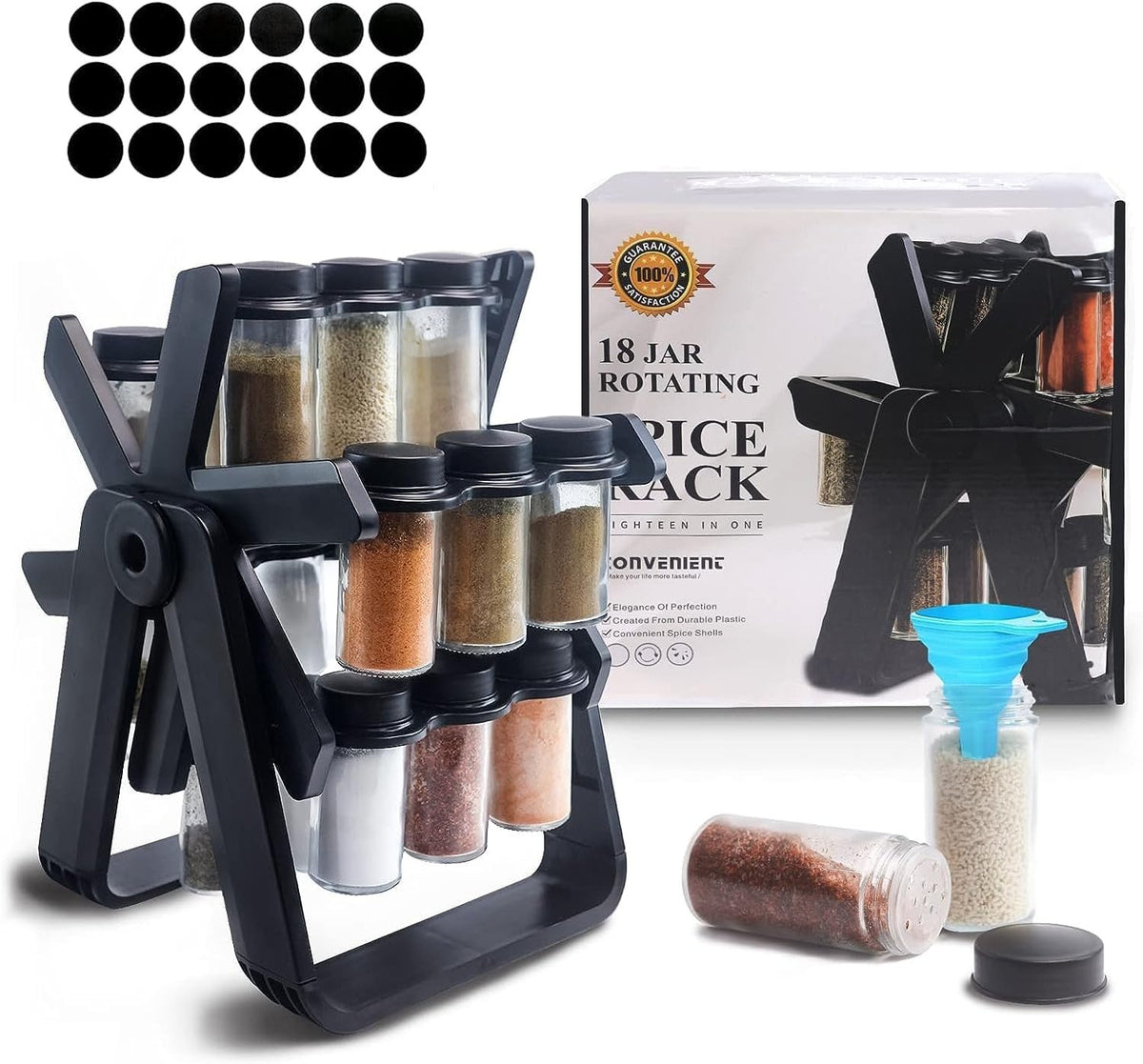 360° Rotating Ferris Wheel Spice Rack Organizer with 18 Glass Jars