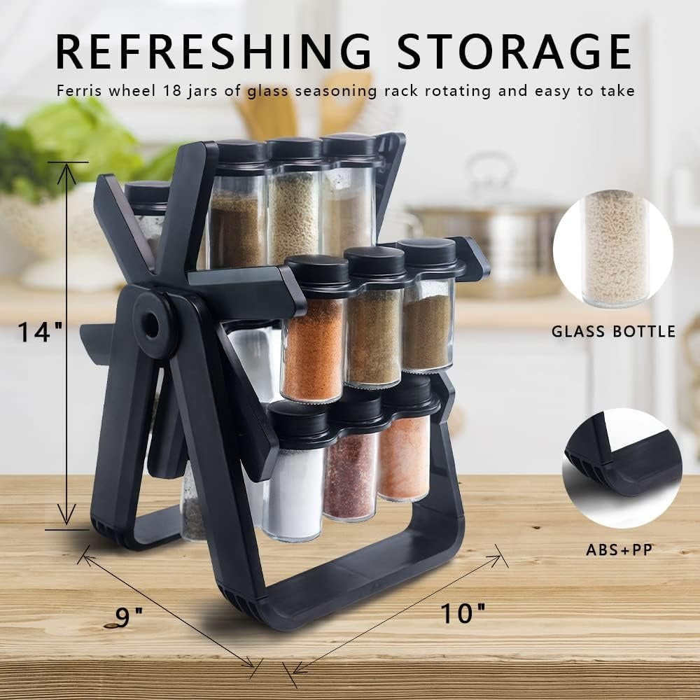 360° Rotating Ferris Wheel Spice Rack Organizer with 18 Glass Jars