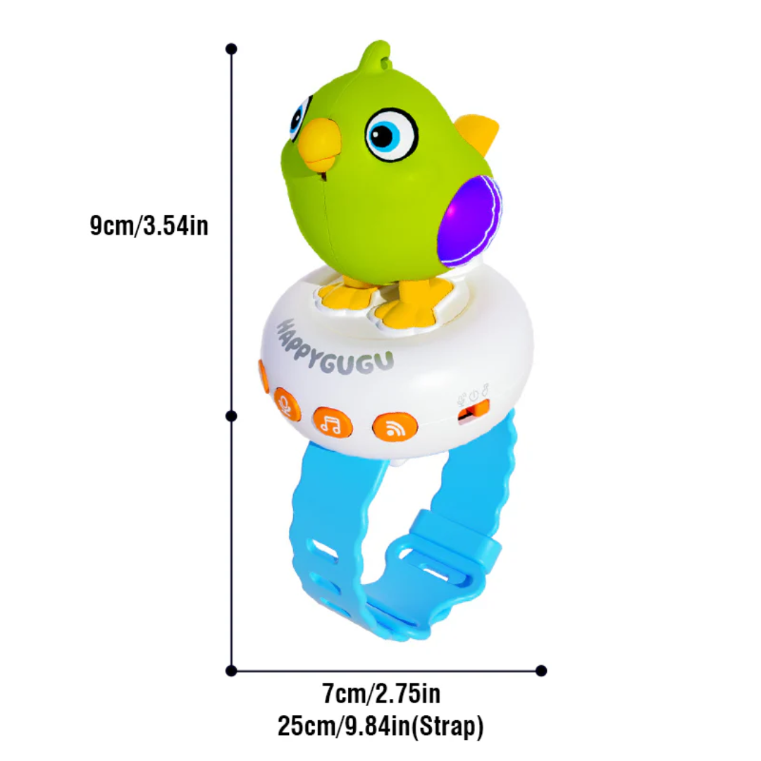 A colorful bird-shaped wrist watch or toy shown with dimension lines indicating a height of 9cm/3.54in and a strap width of 7cm/2.