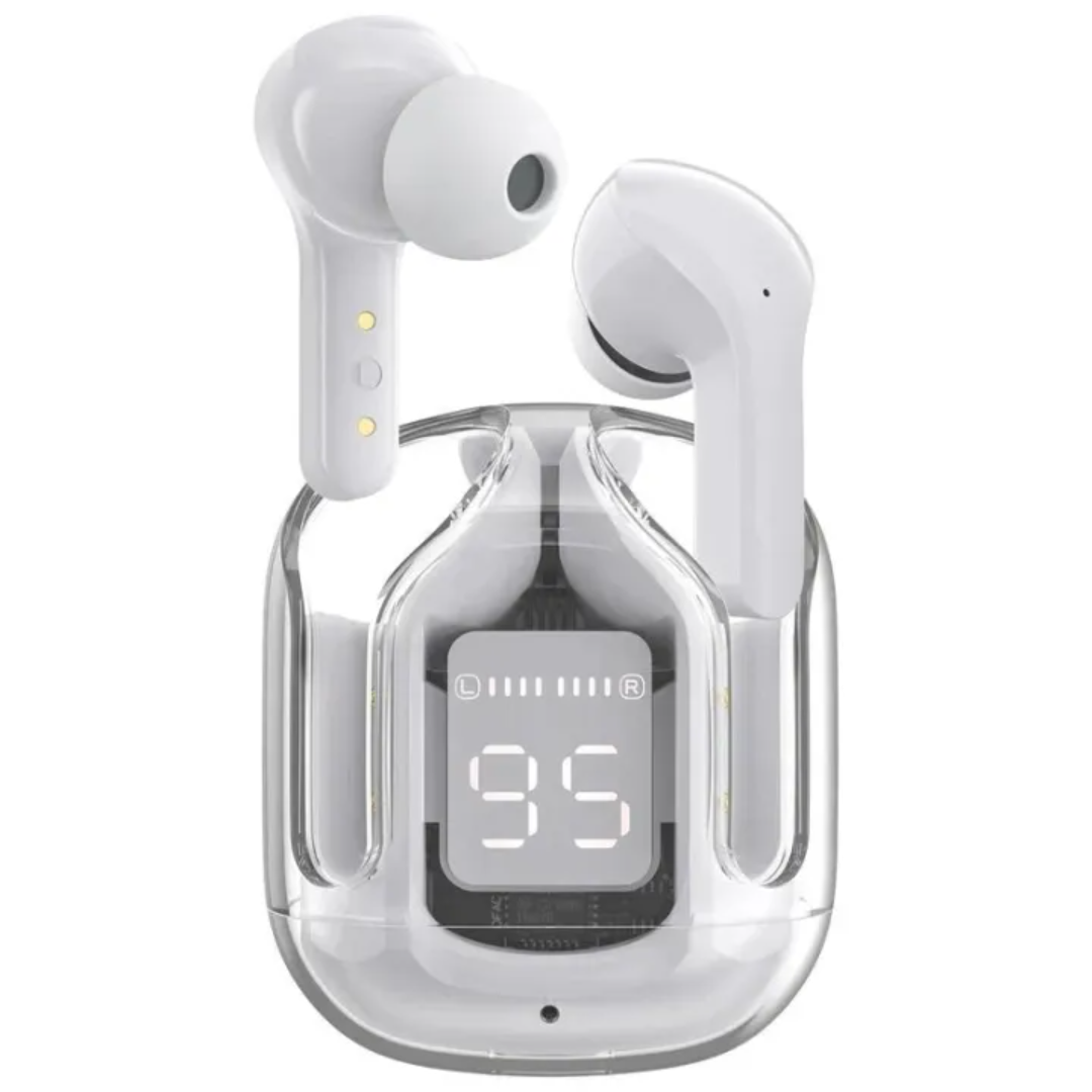 White wireless earbuds with a clear charging case on a white background