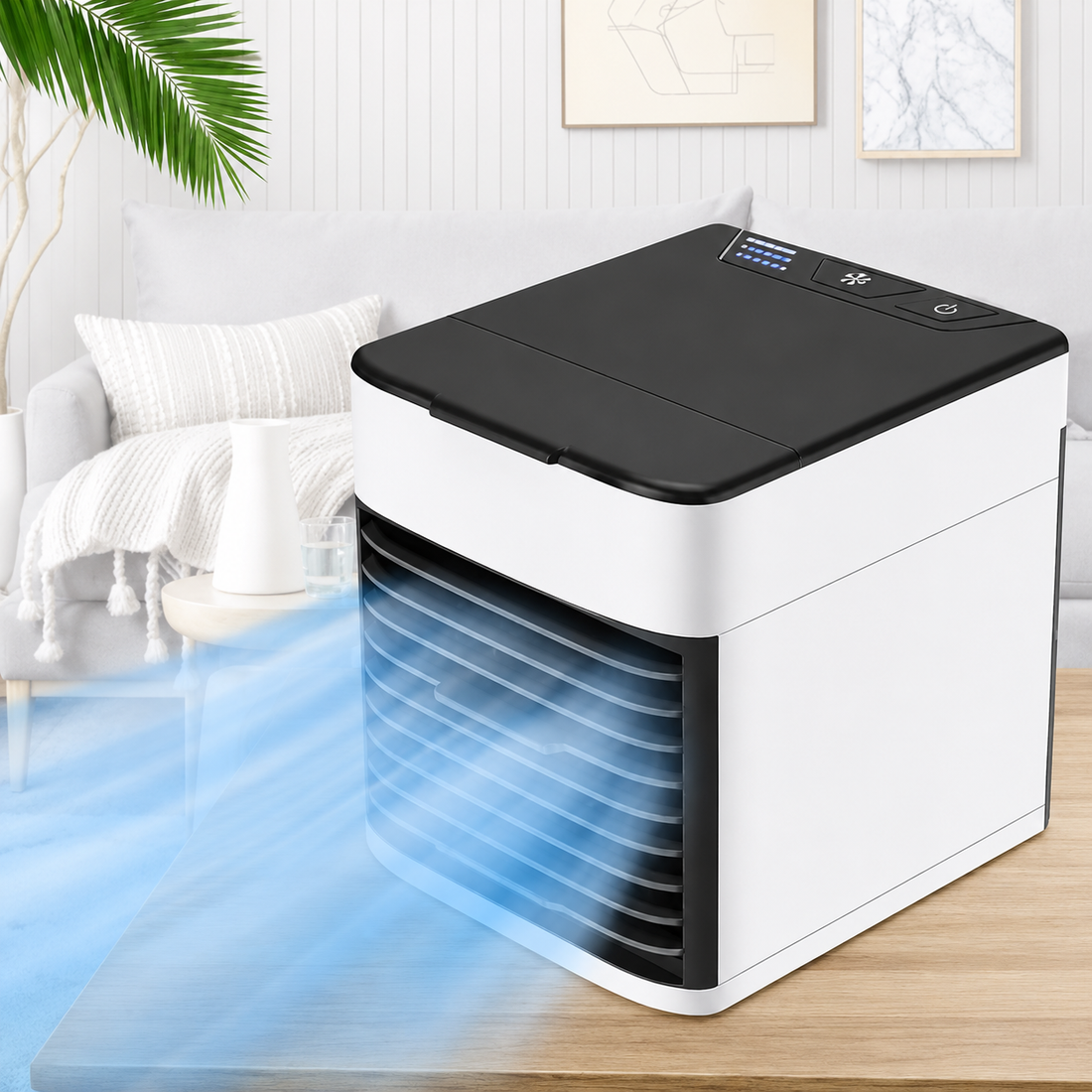 Portable 4-in-1 mini air cooler with LED light on a desk for personal cooling