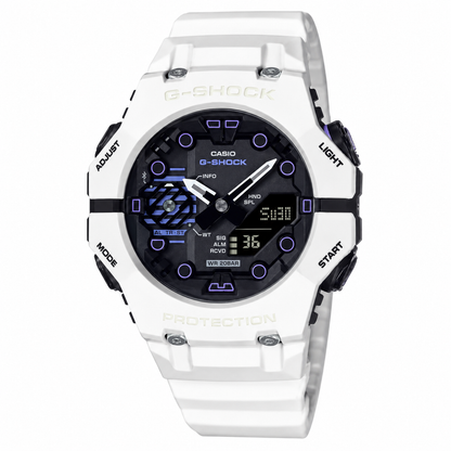 A white Casio G-Shock digital-analog watch with a black face and purple accents, shown against a plain white background.