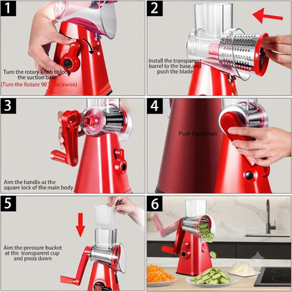 A six-panel instructional graphic showing how to use a red countertop food chopper/grater. The panels include step-by-step directions with hand gestures, arrows, and a final usage scene in a kitchen showing shredded carrots and sliced cucumbers coming out of the device.
