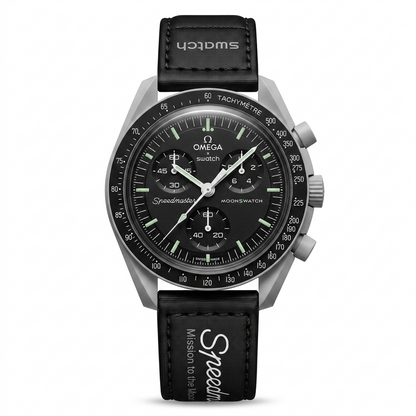 A Swatch x Omega x Speedmaster MoonSwatch chronograph watch with a black dial, black strap, and a silver-toned titanium case, shown against a plain white background.