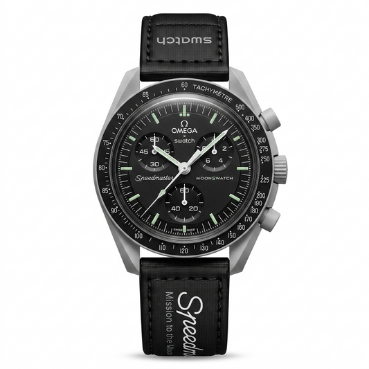 A Swatch x Omega x Speedmaster MoonSwatch chronograph watch with a black dial, black strap, and a silver-toned titanium case, shown against a plain white background.