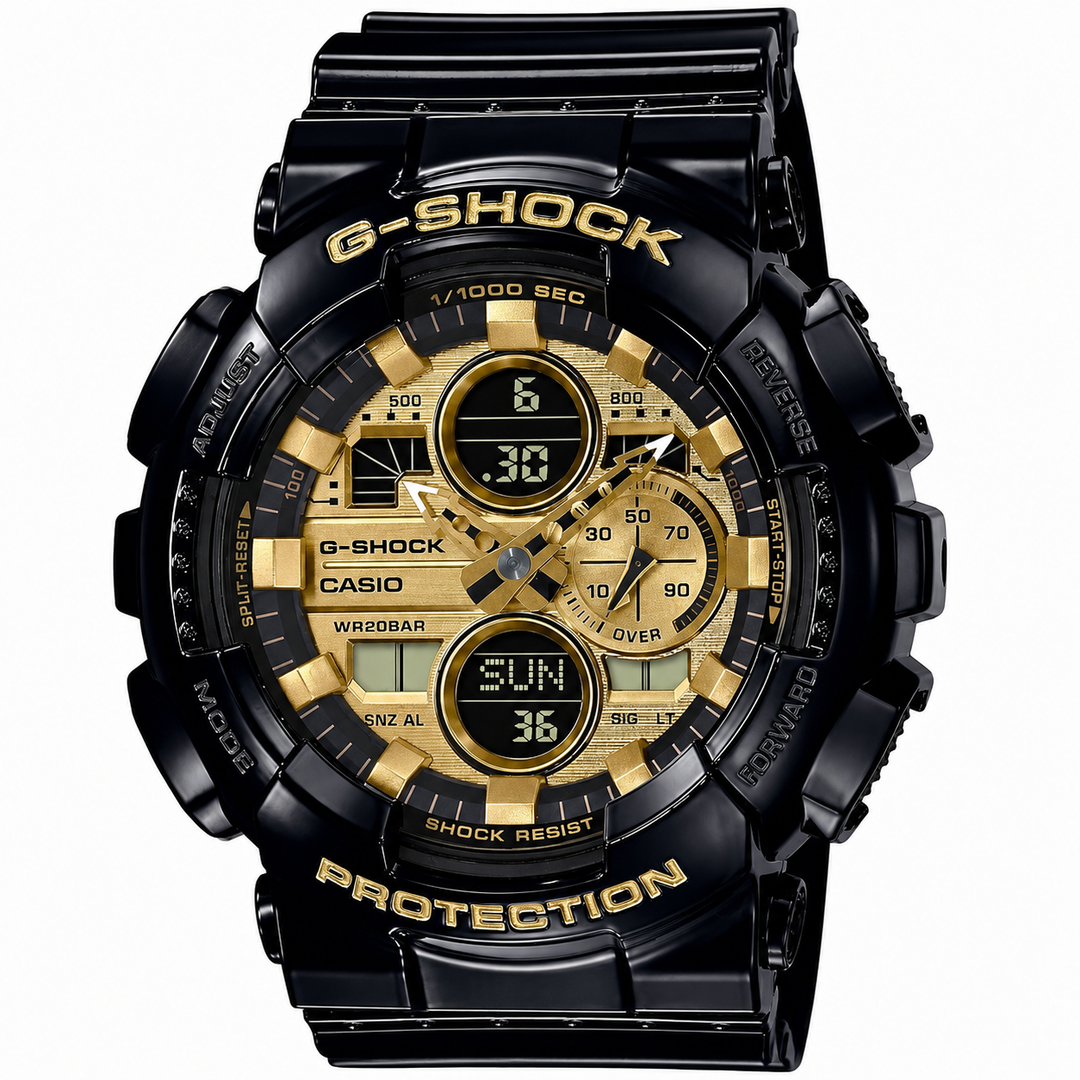 A black Casio G-Shock watch with a gold-tone dial, featuring multiple analog sub-dials and digital displays on a clean white background.