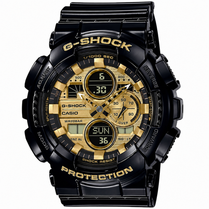 A black Casio G-Shock watch with a gold-tone dial, featuring multiple analog sub-dials and digital displays on a clean white background.