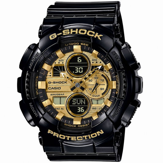 A black Casio G-Shock watch with a gold-tone dial, featuring multiple analog sub-dials and digital displays on a clean white background.