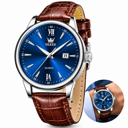 A men's analog quartz watch by OLEYS with a blue dial, silver-tone case, and brown crocodile-embossed leather strap, shown on a white background with a small inset demonstrating the watch worn on a wrist.