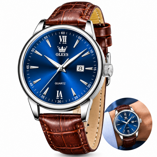 A men's analog quartz watch by OLEYS with a blue dial, silver-tone case, and brown crocodile-embossed leather strap, shown on a white background with a small inset demonstrating the watch worn on a wrist.