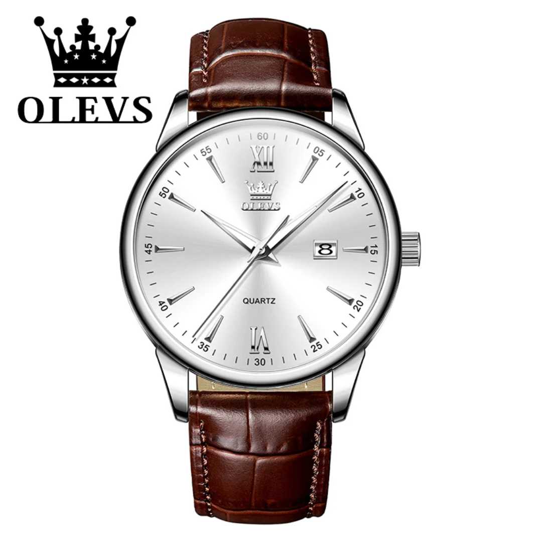 OLEVS men's quartz watch featuring a silver stainless steel case, a white dial with Roman numerals, and a brown leather strap with an alligator pattern.