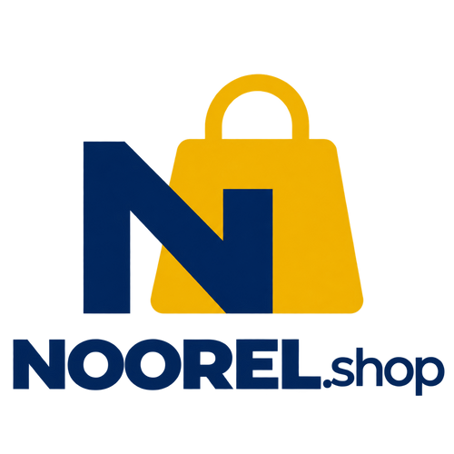 A logo featuring a large navy blue letter N overlapping a yellow shopping bag, with the text NOOREL.shop in navy below on a white background.