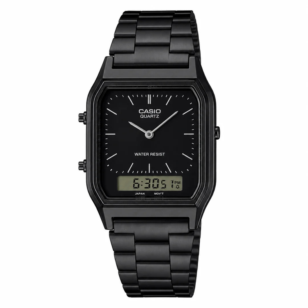 CASIO Quartz analog-digital watch with a black metal case and link bracelet, featuring a black dial with silver-tone hands and indices, and a digital display showing 6:30:5.
