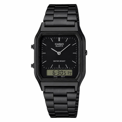 CASIO Quartz analog-digital watch with a black metal case and link bracelet, featuring a black dial with silver-tone hands and indices, and a digital display showing 6:30:5.