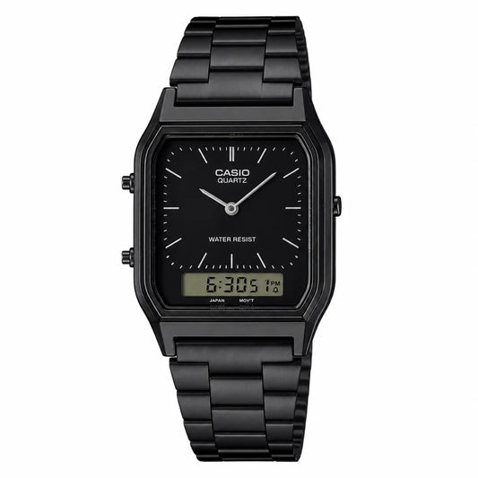 CASIO Quartz analog-digital watch with a black metal case and link bracelet, featuring a black dial with silver-tone hands and indices, and a digital display showing 6:30:5.
