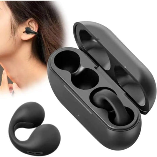 Black wireless earbuds with an open charging case and a separate earbud shown on a white background, with a partial inset of a woman wearing one earbud.