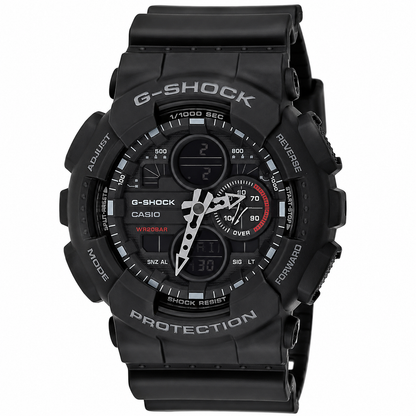 A black Casio G-Shock analog-digital watch with a rugged resin case and strap, featuring a black dial with white markings, silver hands, and a small red accent.