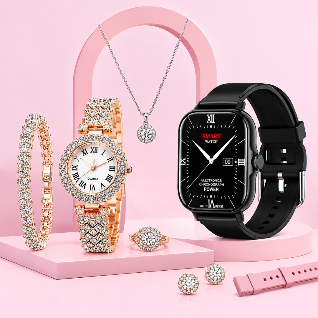 A coordinated jewelry and watch set displayed on pink pedestals against a pink background. The set includes a black smartwatch with a black strap, a rose-gold watch with a rhinestone band, a matching rhinestone bracelet, a rhinestone necklace with a round pendant, a rhinestone ring, a pair of rhinestone earrings, and a pink watch strap.