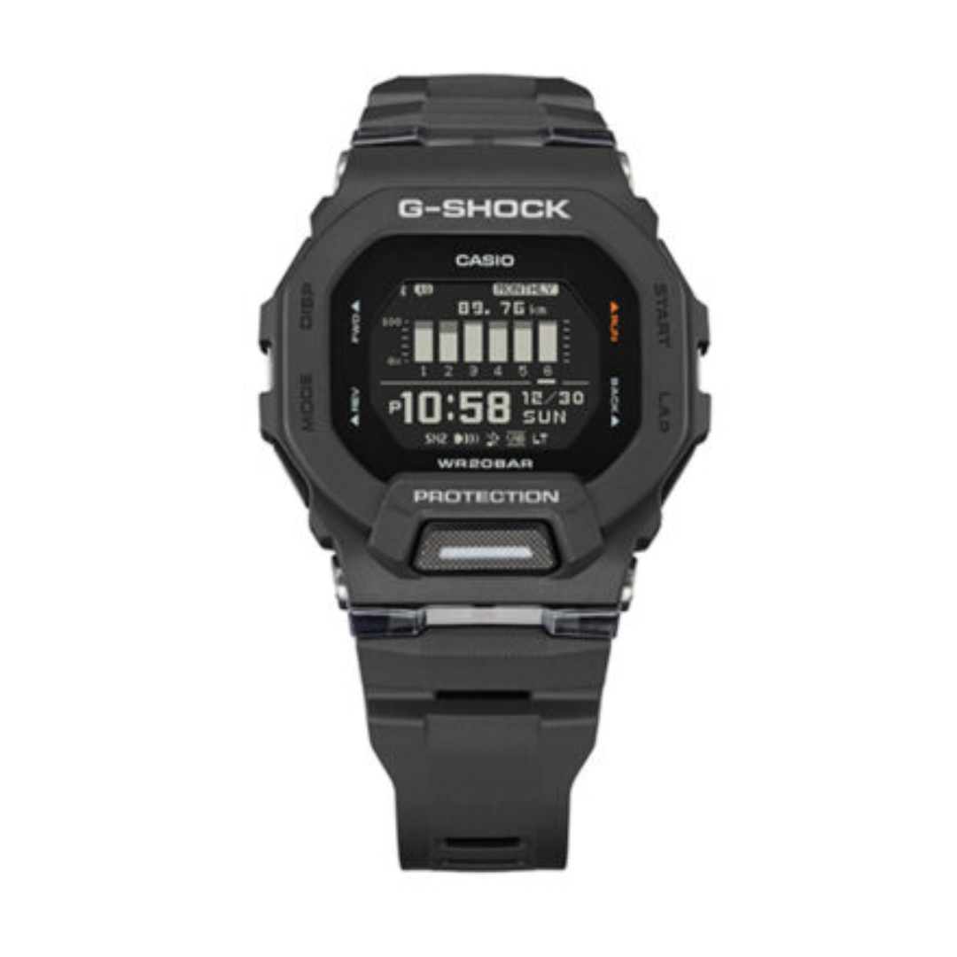 A black Casio G-Shock digital watch with a rugged rectangular case and a matching black resin strap, shown against a plain white background.