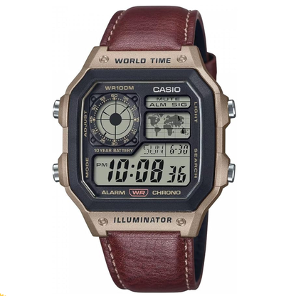 Casio digital watch with brown leather strap