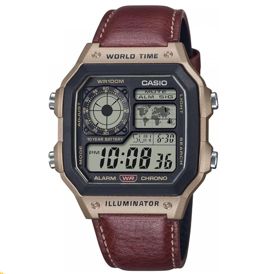 Casio digital watch with brown leather strap