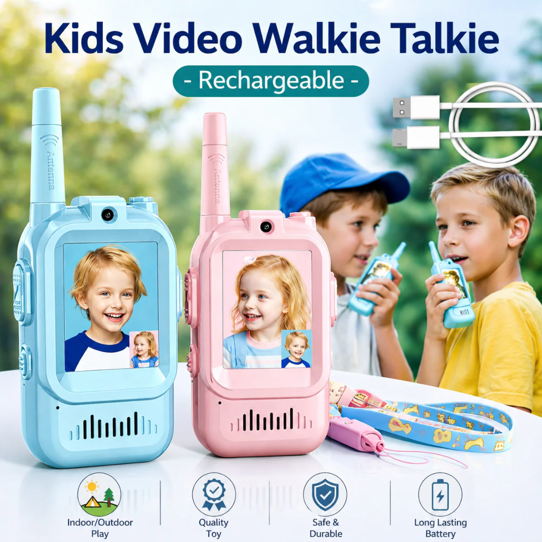 Children's video walkie talkies with rechargeable feature, displayed outdoors.