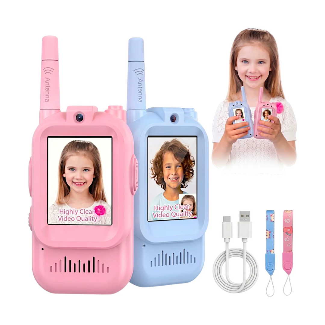 Two children's walkie-talkie style video cameras, one pink and one blue, shown on a white background with a small inset photo of a girl holding both, plus a white charging cable and two wrist straps.