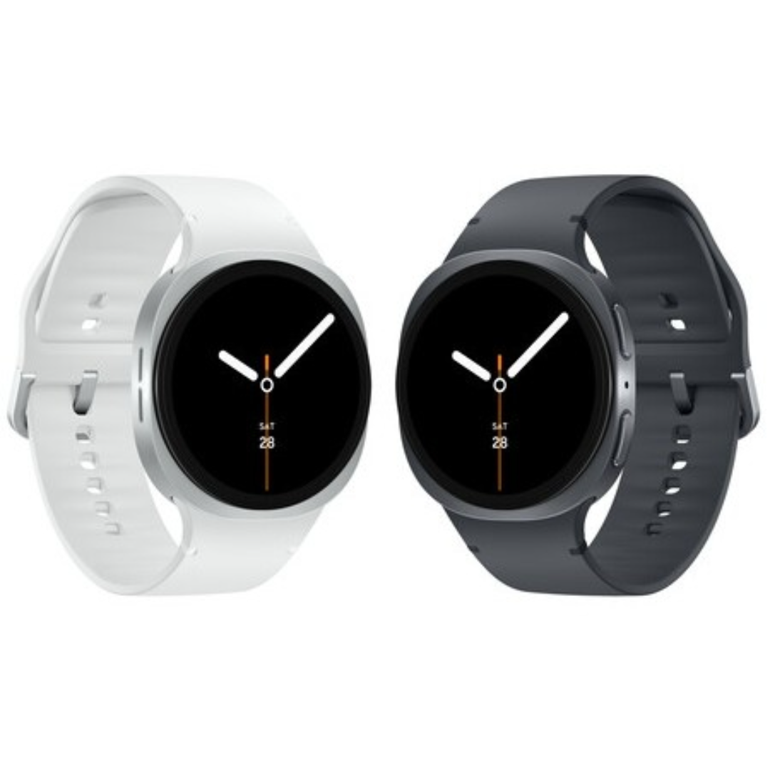 Two smartwatches with round black faces are shown side by side on a plain white background. The watch on the left has a white band and a silver-toned case, while the watch on the right has a dark gray band and a dark gray case.