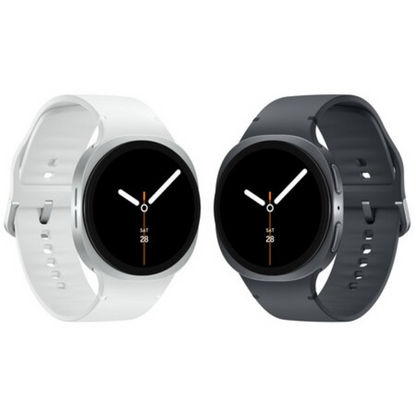 Two smartwatches with round black faces are shown side by side on a plain white background. The watch on the left has a white band and a silver-toned case, while the watch on the right has a dark gray band and a dark gray case.