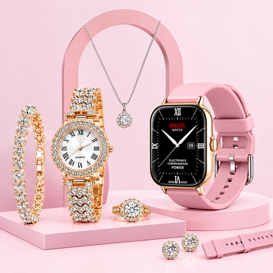 A coordinated jewelry and watch display on pink pedestals: a pink smartwatch with a black screen, a gold-tone watch with a white dial and crystal-encrusted band, a pink bracelet, a ring, earrings, and a necklace, all arranged against a soft pink background.