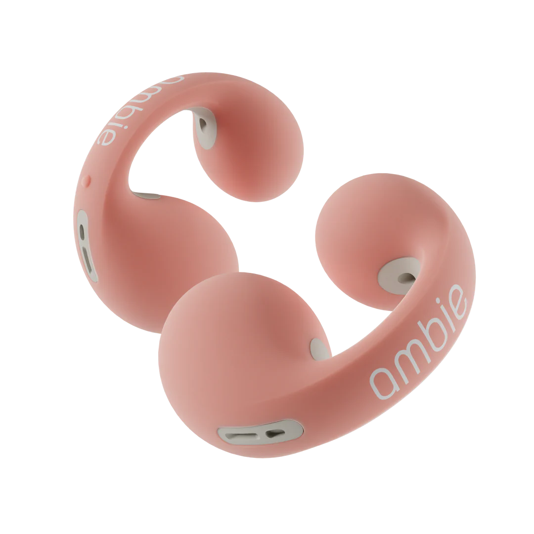 Pink wireless earbuds with 'ambie' branding on a white background