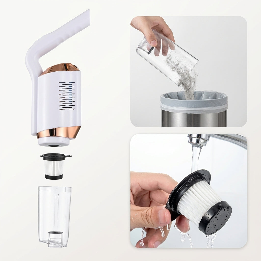Handheld vacuum cleaner being used to clean dirt and debris, if shown