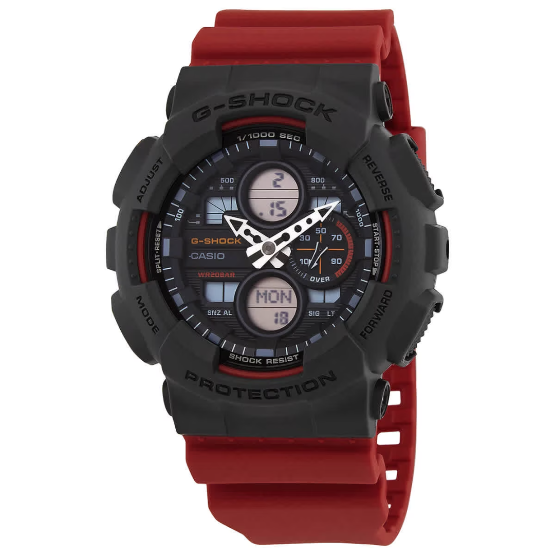 A G-Shock Casio watch with a black rugged case and a red silicone strap, shown against a plain white background.