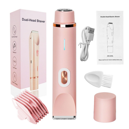 Pink dual-head electric shaver with packaging, comb, and cable on a white background