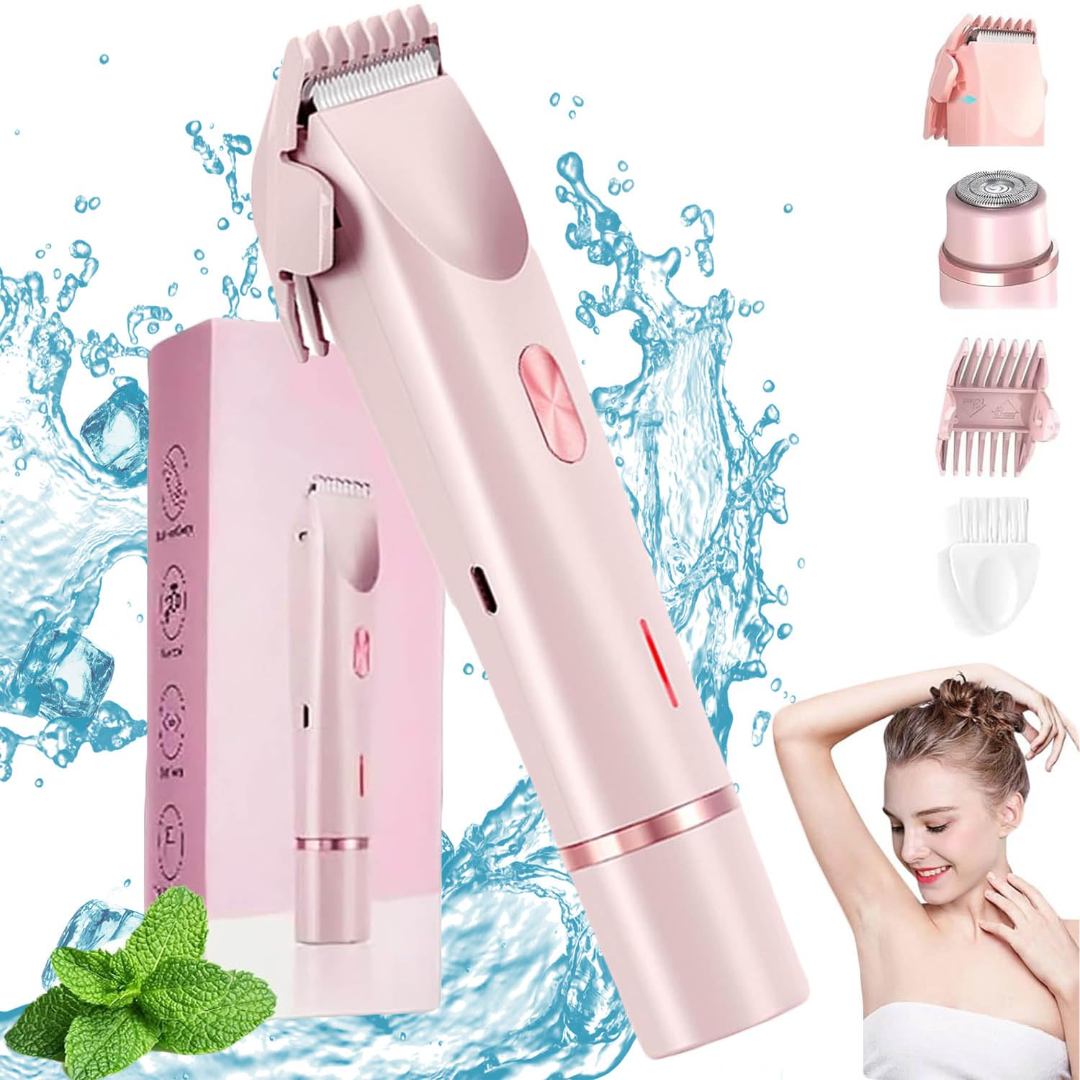 Pink electric hair trimmer shown with its pink box, water splash graphics, accessory attachments, mint leaves, and a woman demonstrating the trimmer on her hair.
