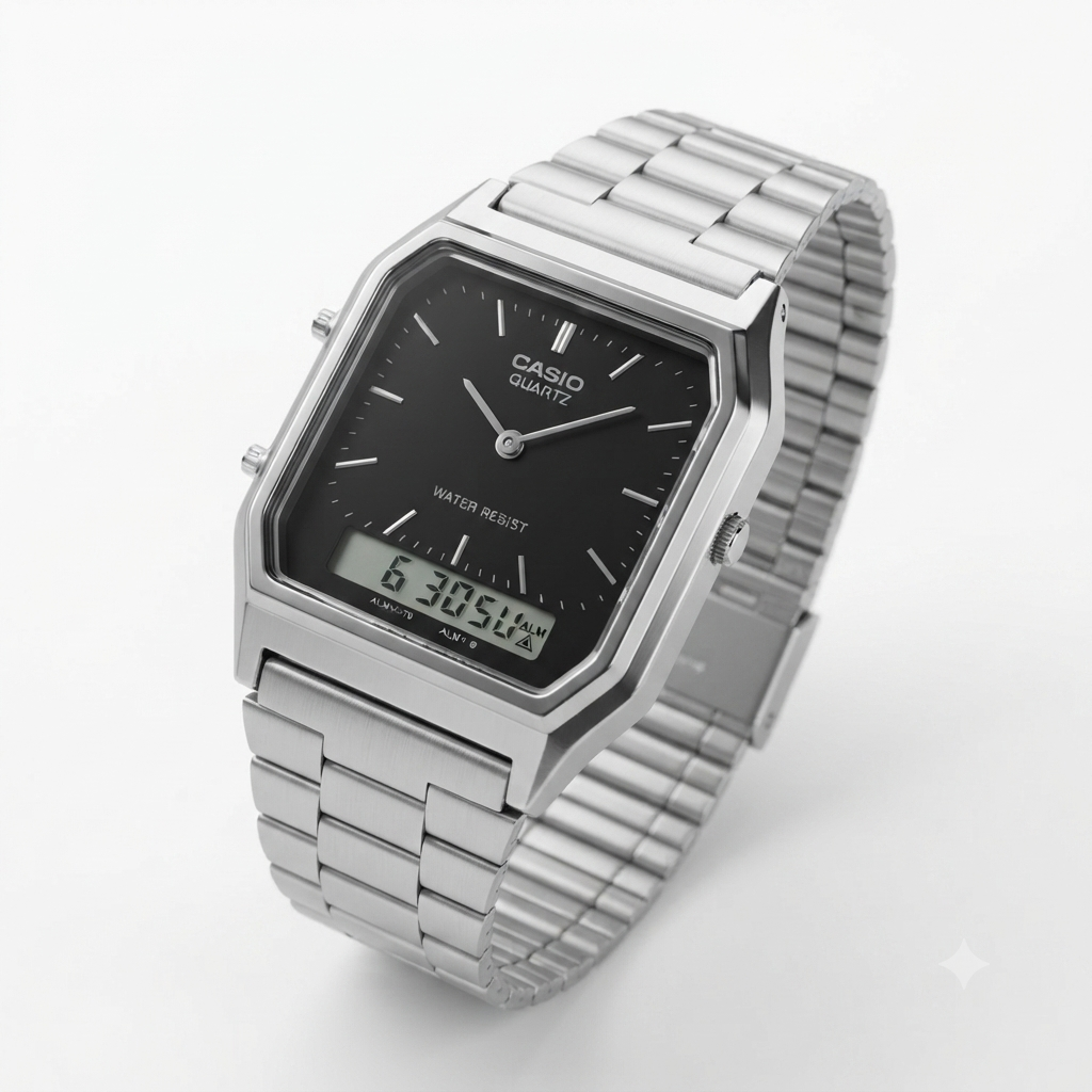 A Casio quartz watch with a silver-toned metal link bracelet and a black dial, shown at an angle on a clean white background.