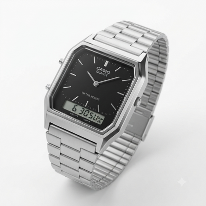 A Casio quartz watch with a silver-toned metal link bracelet and a black dial, shown at an angle on a clean white background.