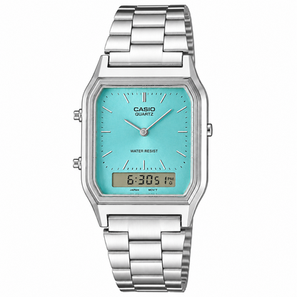 Casio quartz digital watch with a silver stainless steel link bracelet and a turquoise blue dial, shown on a plain white background.