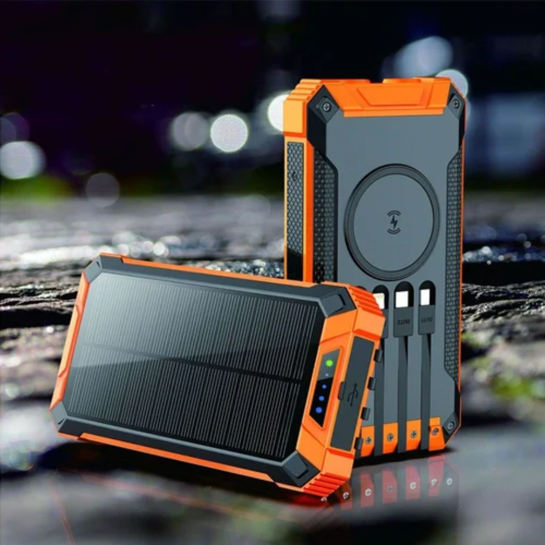 Portable solar power bank with dual LED flashlight