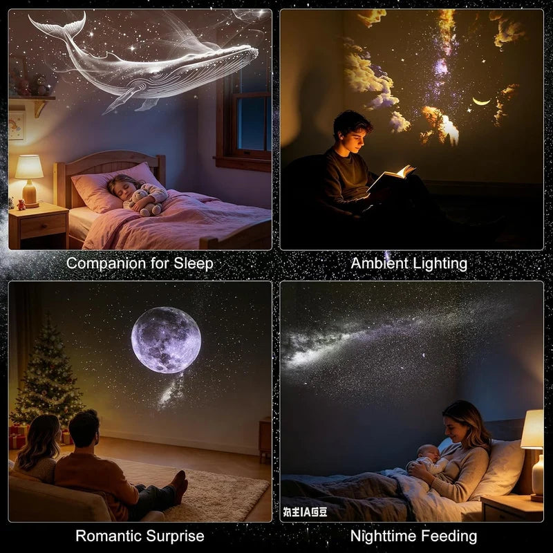 Collage of four scenes showing different uses of a starry night sky projector in a bedroom setting.