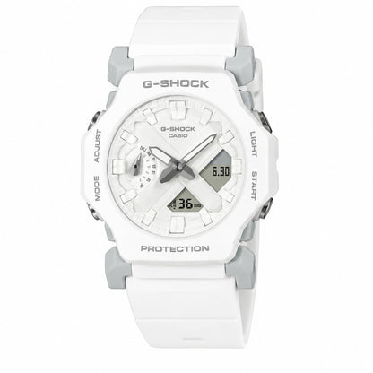 A white G-Shock Casio watch with a white silicone strap, white dial, and gray accents, shown against a plain white background.